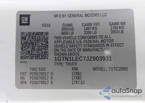 2018 GMC Sierra 1500 z USA, uszkodzony, nr VIN 1GTN1LEC7JZ903931